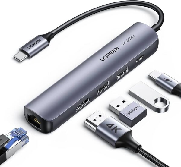Ugreen 5-in-1 USB-C To 2*USB 3.0 A+HDMI+RJ45+PD Converter (CM418 10919)